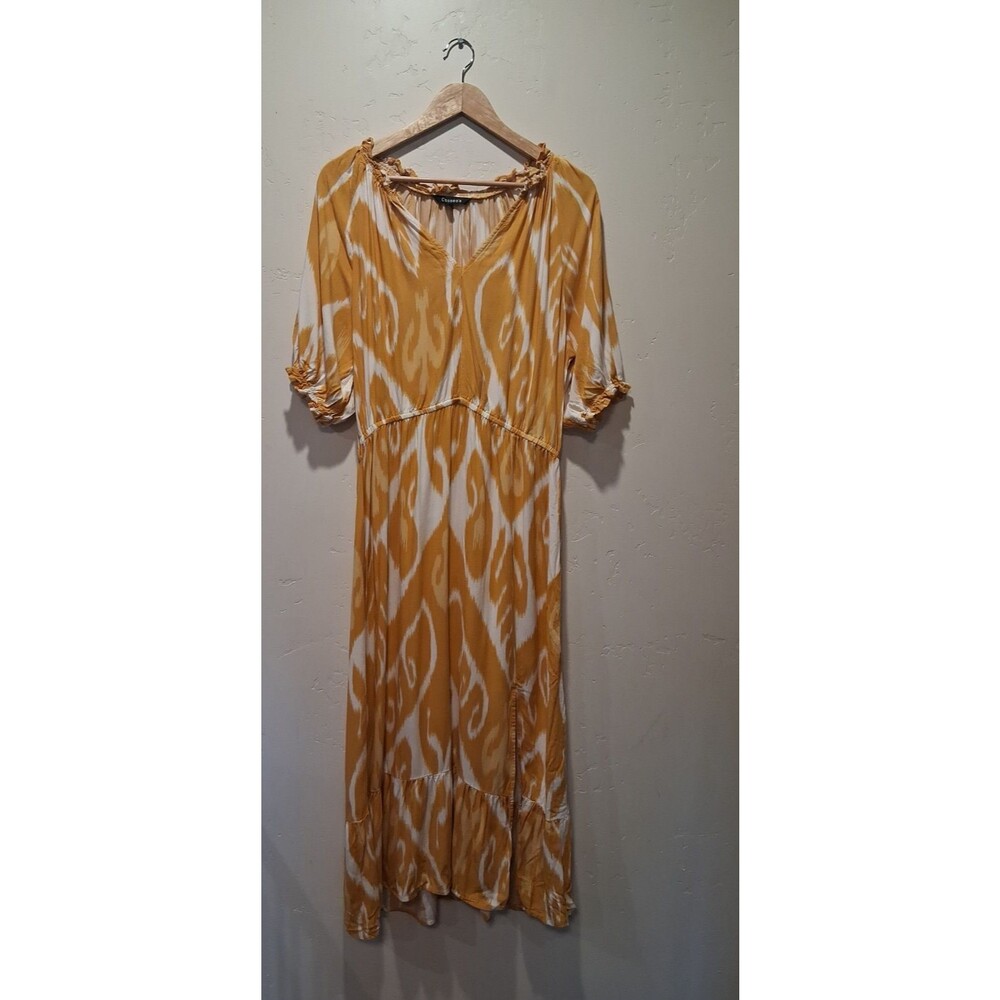 Cassee's XL Yellow White Geometric Tiered Maxi Dress V-Neck Balloon Sleeve Slit